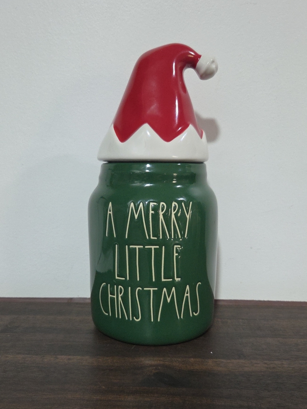 Rae Dunn A Merry Little Christmas Holiday Ceramic Jar with Red Santa Hat Lid